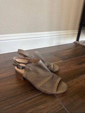 Taupe Perforated Slingback Block Heel Sandals - Women